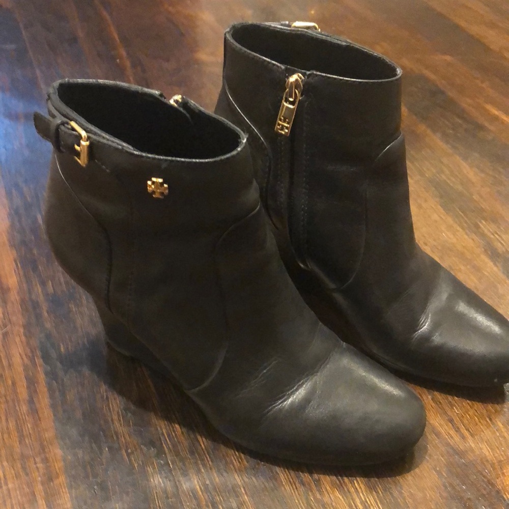 Tory Burch Black and Gold Ankle Booties with Sleek Design